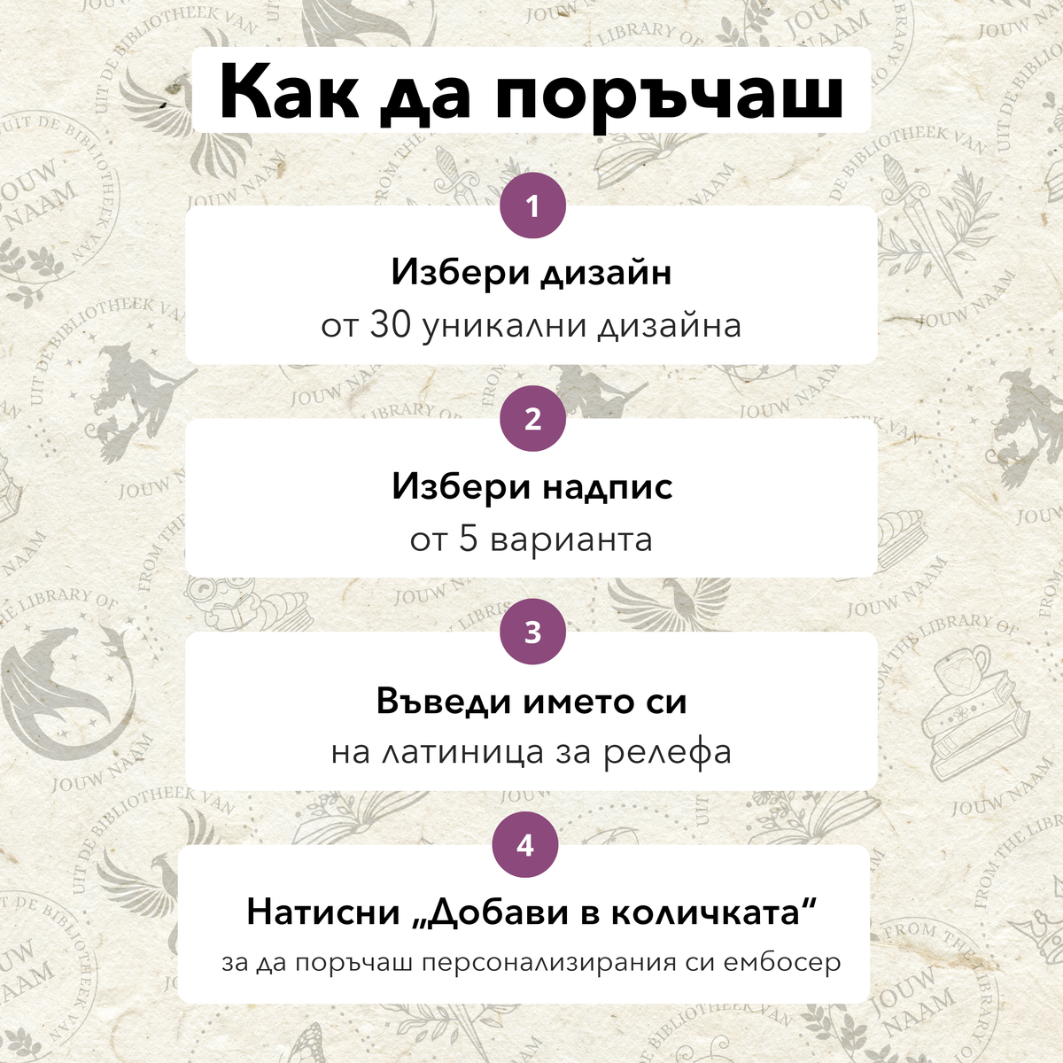 Как да поръчаш: избери дизайн, избери надпис, въведи името си, добави в количката