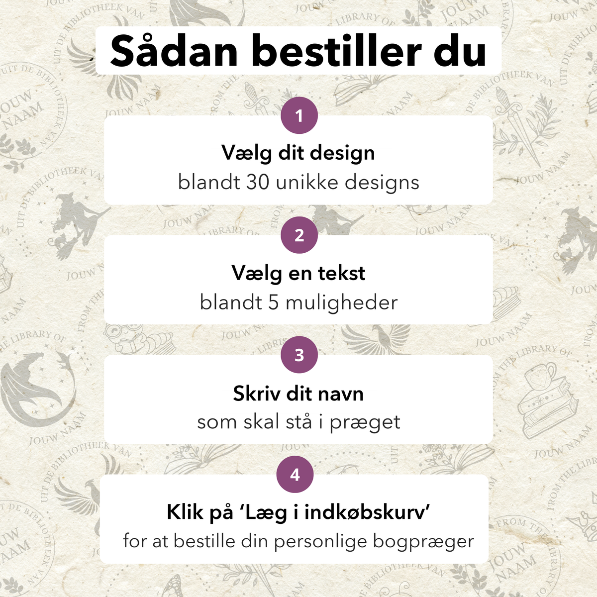 Sådan bestiller du: vælg design, vælg tekst, skriv dit navn, læg i indkøbskurv