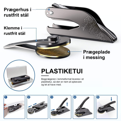 Bogprægerens dele: prægerhus og klemme i rustfrit stål, prægeplade i messing og plastiketui
