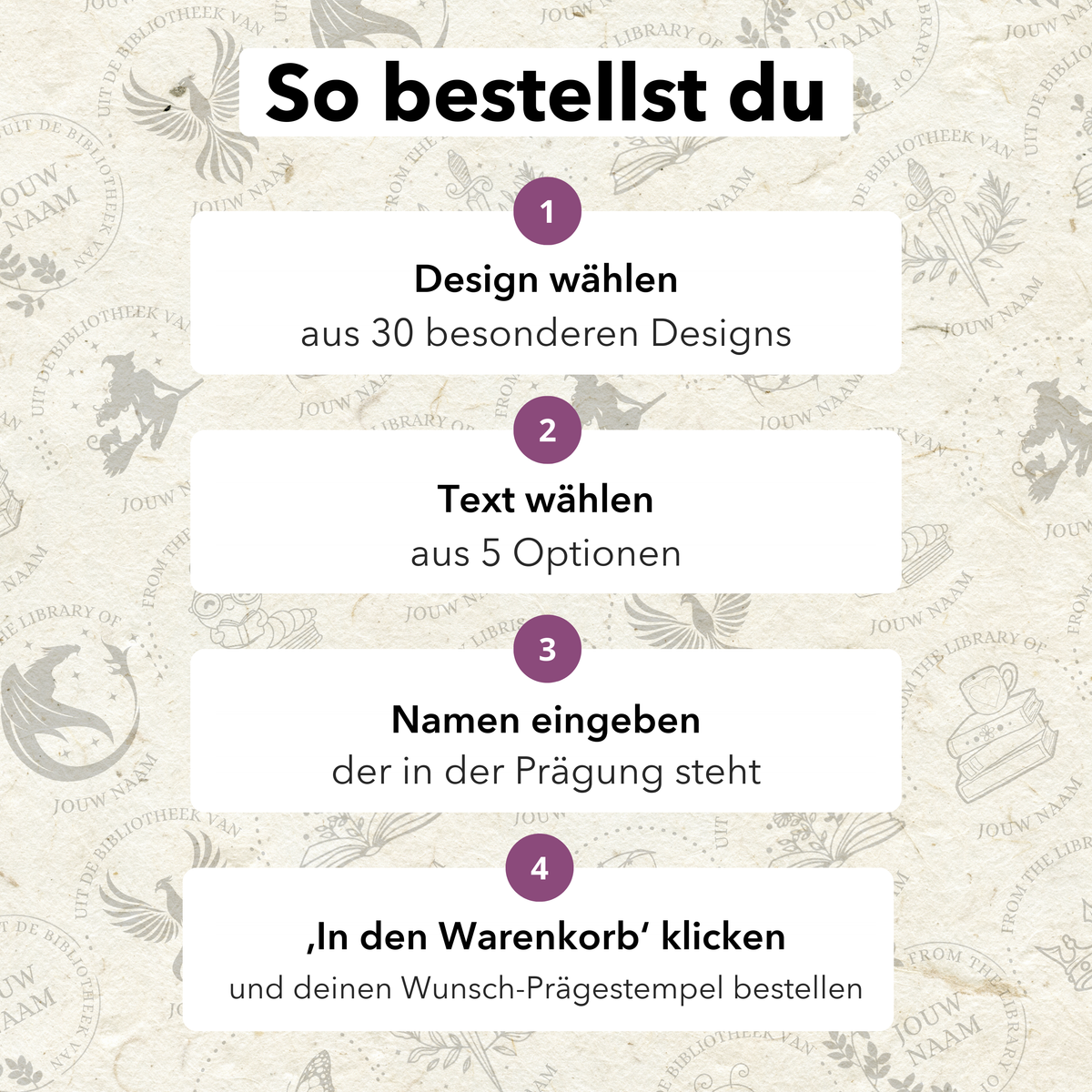 So bestellst du: Design wählen, Text wählen, Namen eingeben, in den Warenkorb legen
