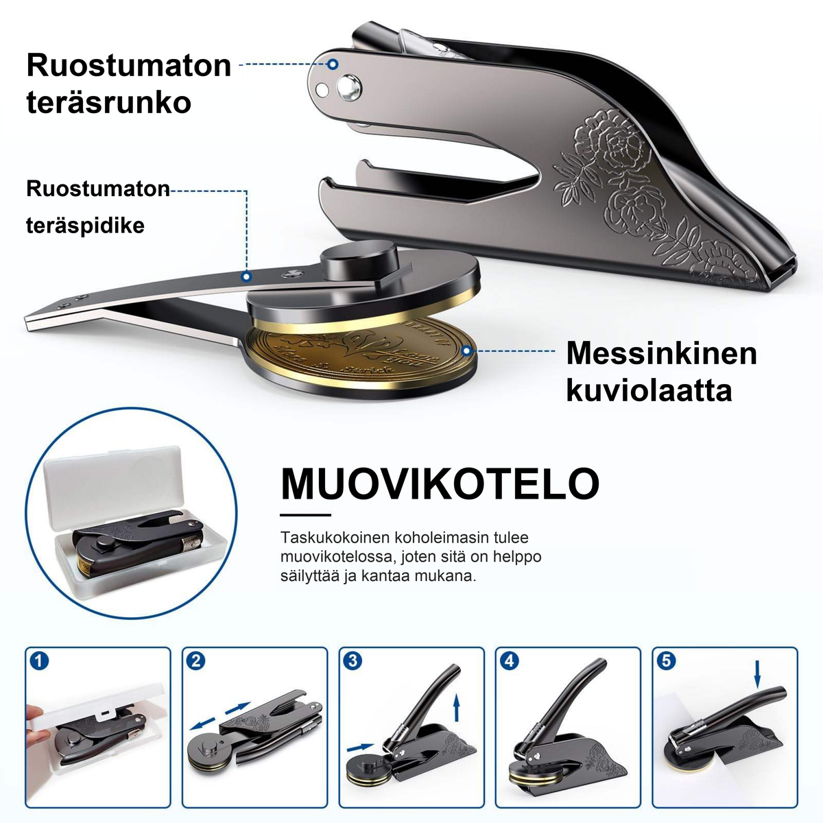 Koholeimasimen osat: ruostumaton teräsrunko ja teräspidike, messinkinen kuviolaatta ja muovikotelo