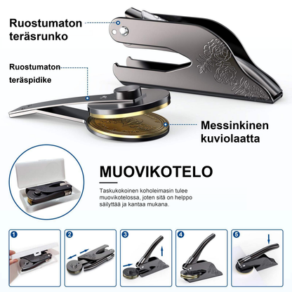 Koholeimasimen osat: ruostumaton teräsrunko ja teräspidike, messinkinen kuviolaatta ja muovikotelo