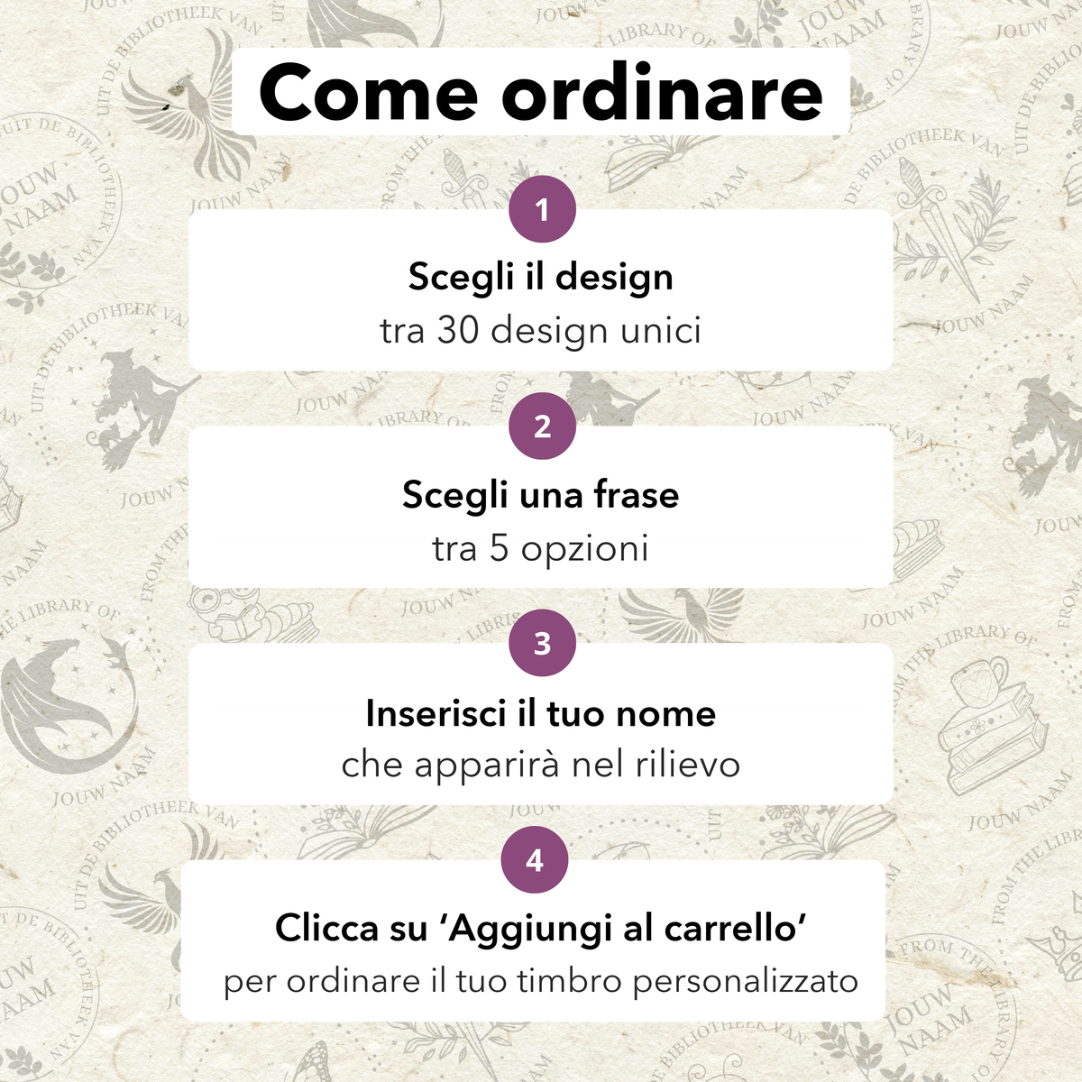 Come ordinare: scegli il design, scegli la frase, inserisci il tuo nome, aggiungi al carrello