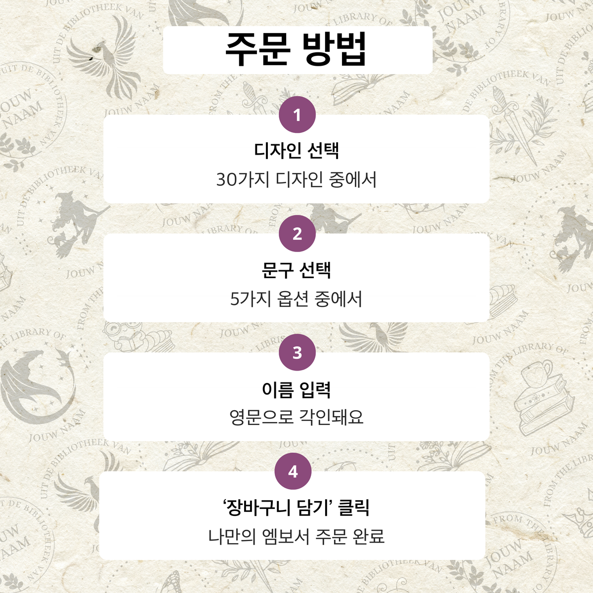 주문 방법: 디자인 선택, 문구 선택, 이름 입력, 장바구니 담기
