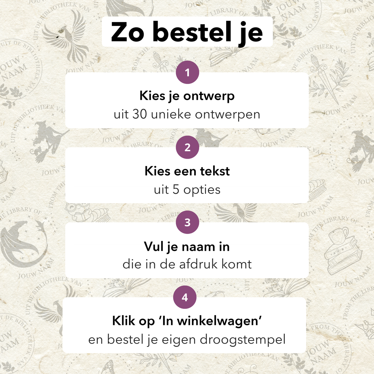 Zo bestel je: kies een ontwerp, kies een tekst, vul je naam in, leg in je winkelwagen