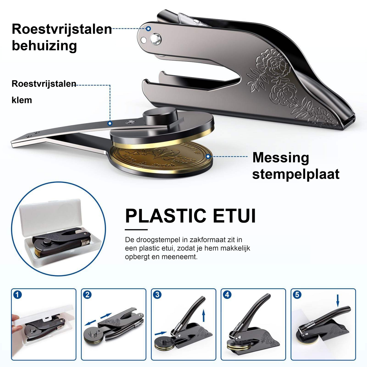 Onderdelen van de droogstempel: behuizing en klem van roestvrij staal, stempelplaat van messing en plastic etui