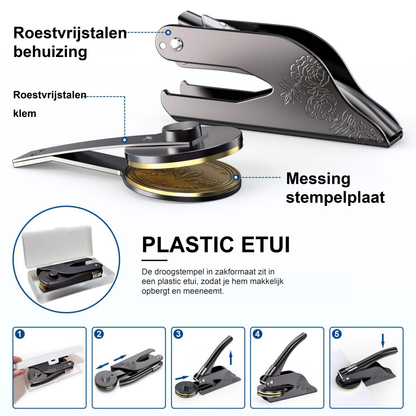 Onderdelen van de droogstempel: behuizing en klem van roestvrij staal, stempelplaat van messing en plastic etui