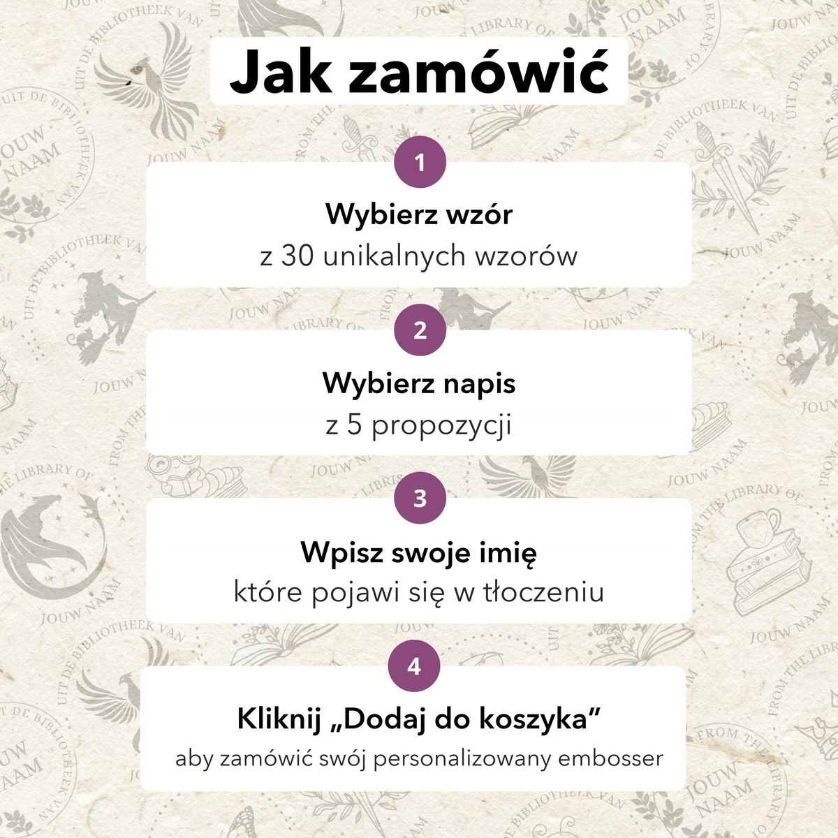 Jak zamówić: wybierz wzór, wybierz napis, wpisz imię, dodaj do koszyka