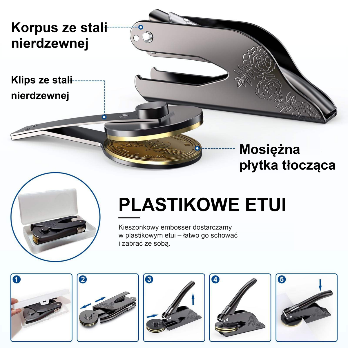 Części embossera do książek: korpus i klips ze stali nierdzewnej, mosiężna płytka tłocząca i plastikowe etui