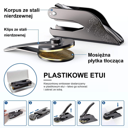 Części embossera do książek: korpus i klips ze stali nierdzewnej, mosiężna płytka tłocząca i plastikowe etui