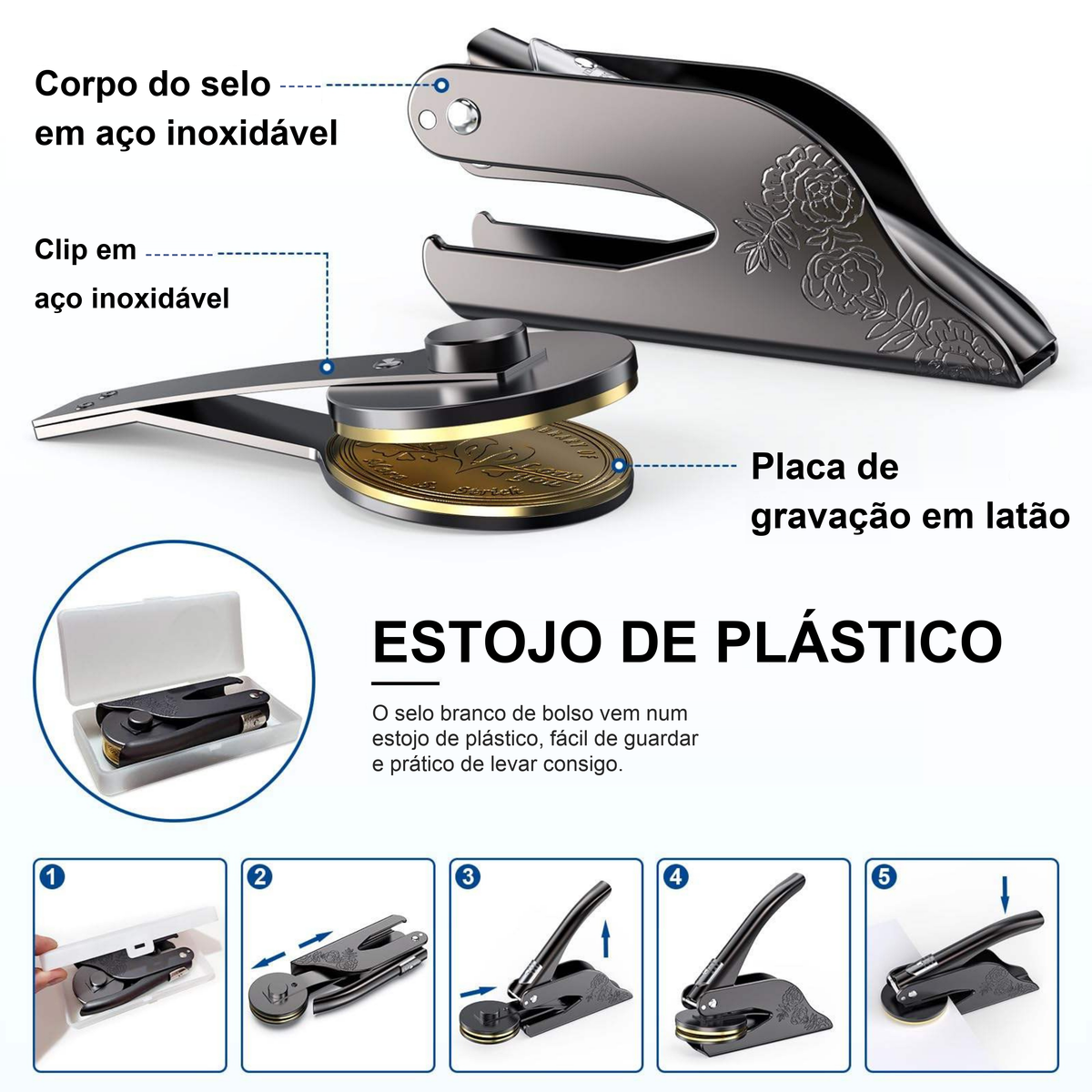 Peças do selo branco: corpo e clip em aço inoxidável, placa de gravação em latão e estojo de plástico
