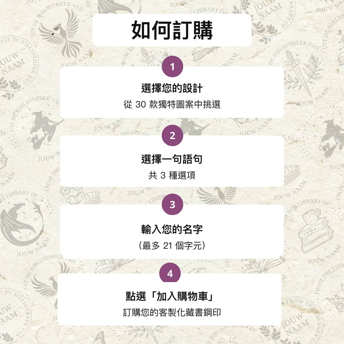 如何訂購客製化藏書鋼印：選擇設計、選擇語句、輸入名字、加入購物車